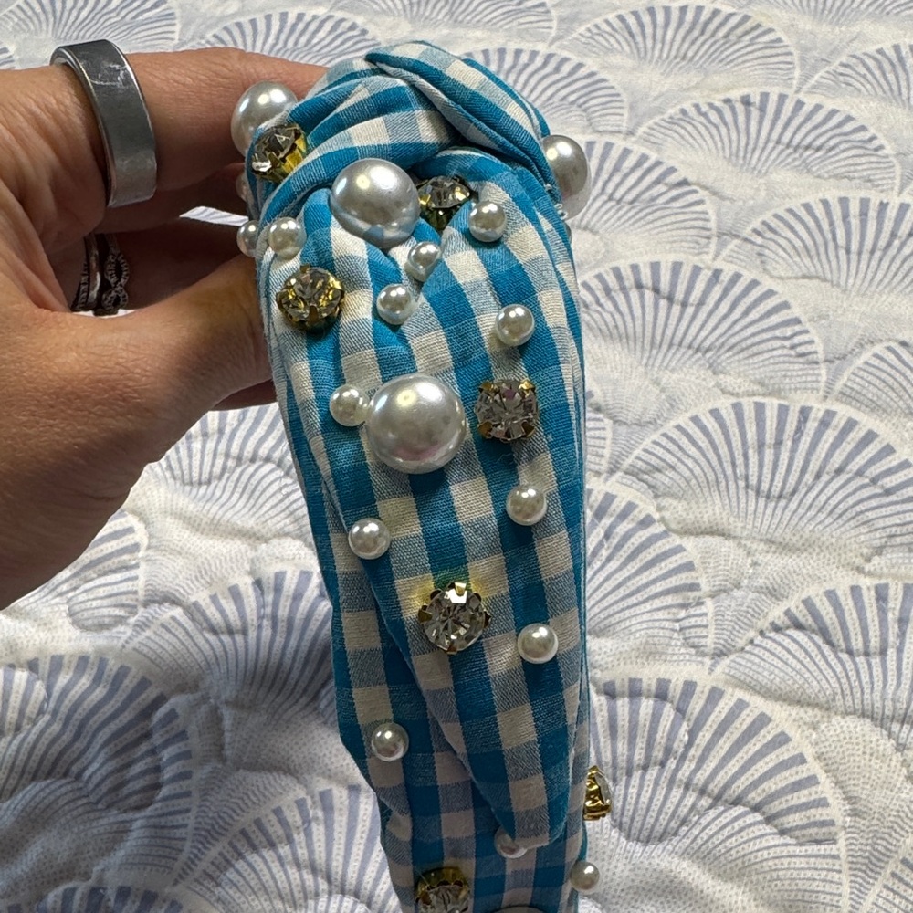Blue Gingham Pearl Crystal Knotted Headband Preppy Coastal Statement - Picture 4 of 7